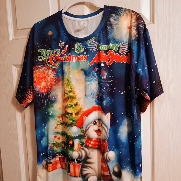 Unisex Short Sleeve Cat Christmas New Year Shirt, Large, New - Picture 1 of 6